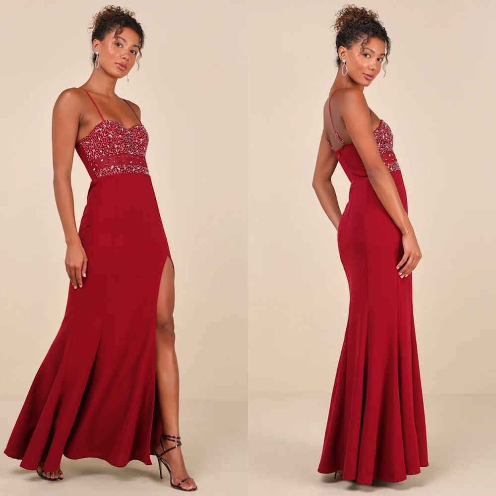 LULUS Luxe Allure Wine Red Beaded Rhinestone Bustier Maxi Dress